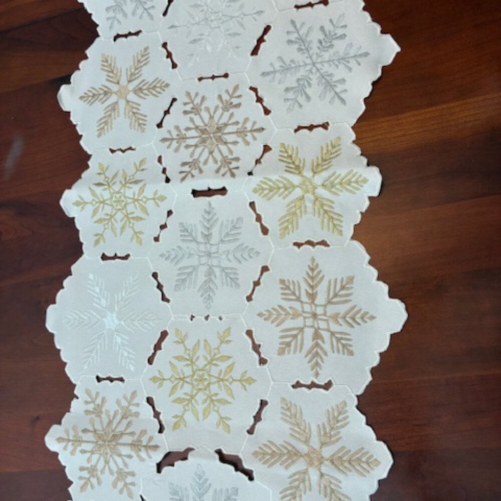 Table Runner 14.5 x 40" Metallic Snowflake Embroidered Winter Christmas